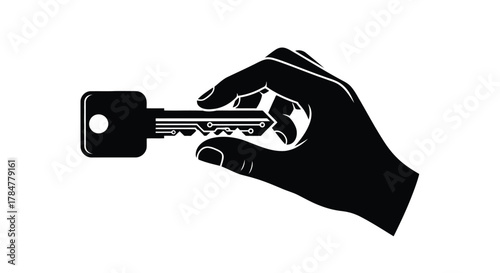 Close up silhouette of a human hand holding a modern digital key with circuit board pattern on white background