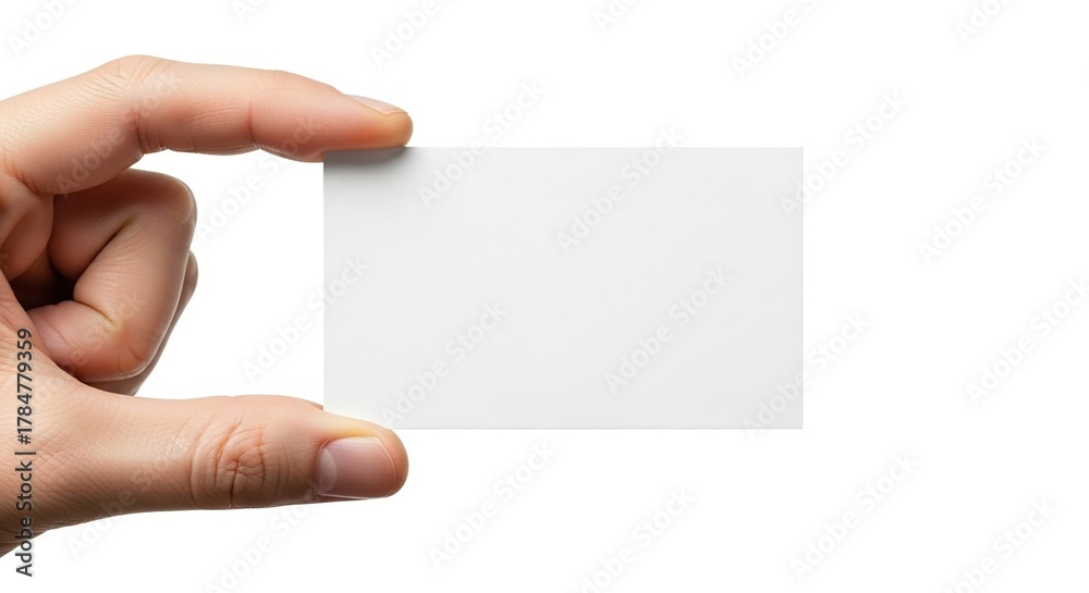 Obraz premium Hand holding blank business card mockup template for branding and design presentation on white background