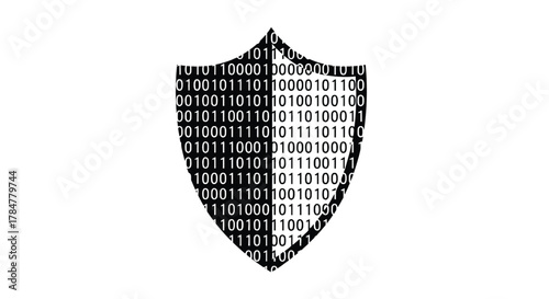 Digital shield symbol composed of binary code representing cybersecurity and data protection concepts