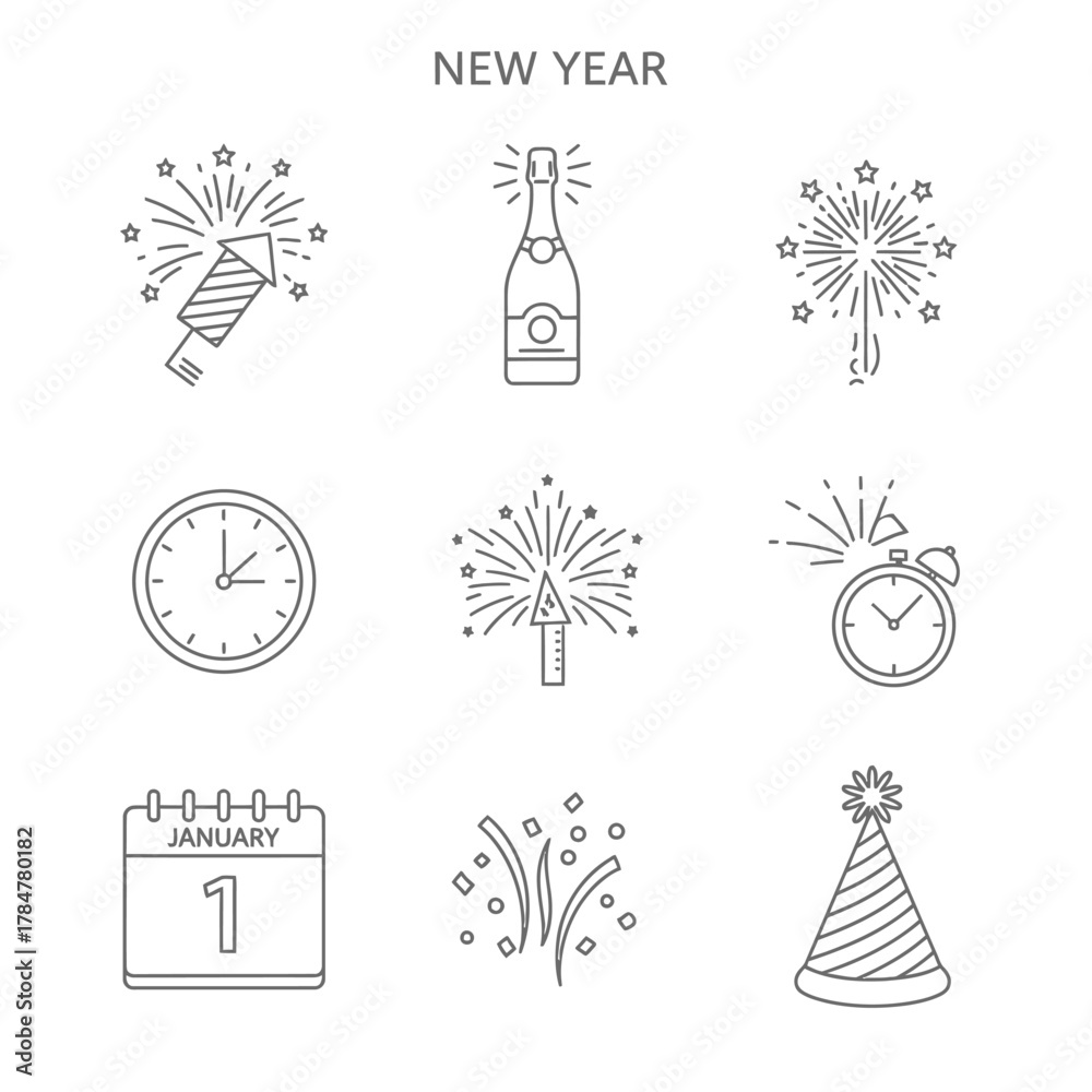 Naklejka premium New Year Celebration Icons Set with Fireworks Champagne and Clock.