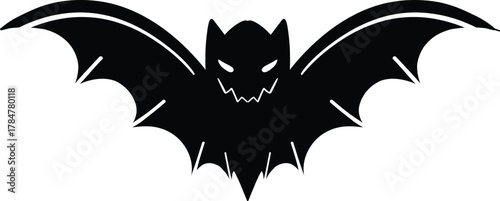 Spooky black bat silhouette with glowing white eyes and jagged mouth, perfect for Halloween designs and decorations.