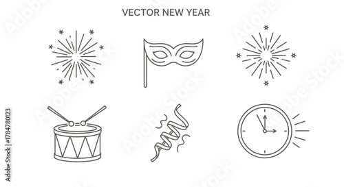 New Year Celebration Icons Set Vector Graphic Elements.