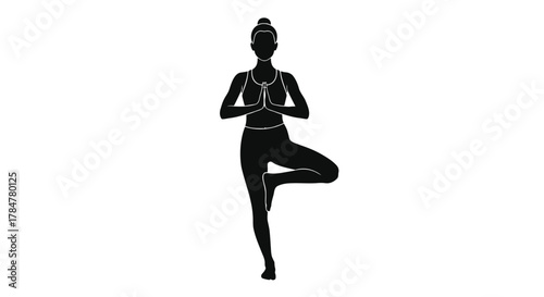 Silhouette of a woman performing the vrikshasana yoga pose with hands pressed together in prayer position against a white background