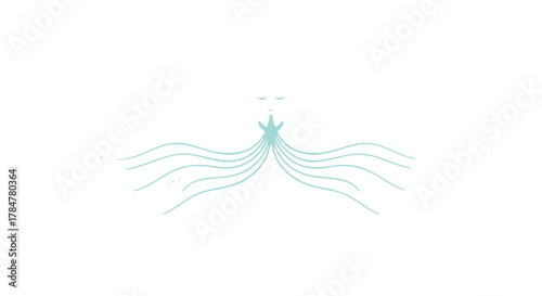 Minimalist abstract illustration of a serene face with flowing tentacles or wavy lines in a soft teal color on a white background