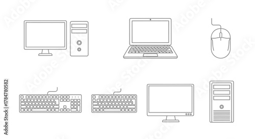 Outline icons of desktop computer laptop keyboard and mouse.
