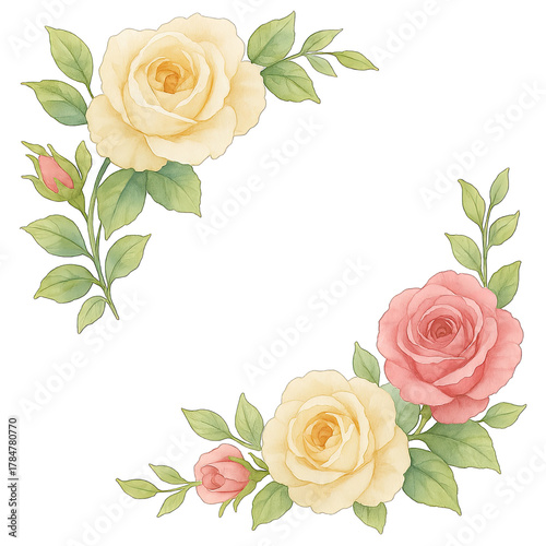 Soft yellow and pink roses with green leaves create delicate