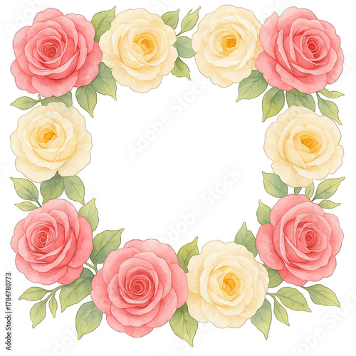 Watercolor floral frame with pink and cream rose flowers and green