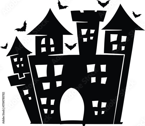 Night silhouette vector castle halloween illustration with a bat 