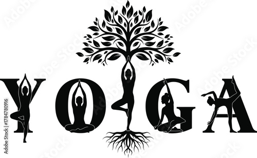 Discover holistic wellness with yoga poses forming the word yoga with a tranquil tree design
