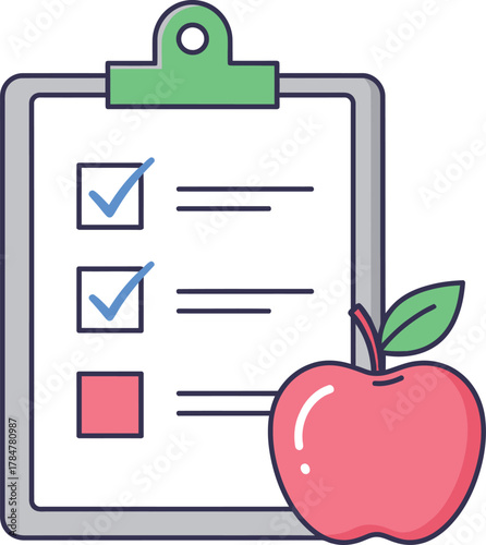 Tracking healthy lifestyle habits with a checklist and a fresh apple for diet and wellness