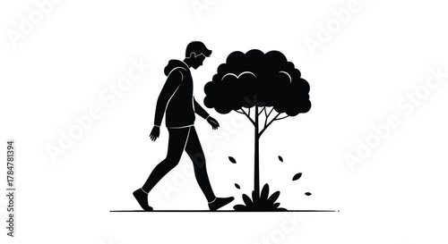 Silhouette of a young man in a hoodie walking past a stylized tree with falling leaves on a white background