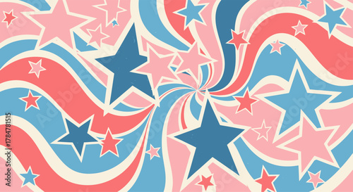 Retro stars and swirls pattern design in vibrant colors for background.