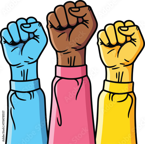 Empowered diversity uniting with raised fists in a powerful gesture for social justice and equality