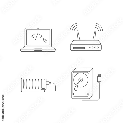 Set of line art icons representing various technology devices and concepts.