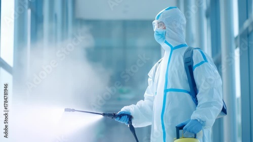A person in hazmat gear uses a disinfectant sprayer to sanitize a public indoor space, ensuring cleanliness and hygiene. The scene highlights modern health and safety practices
