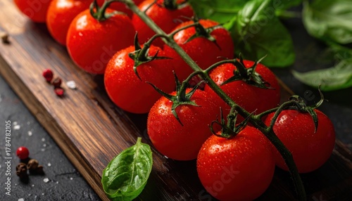 Close-up of ripe cherry tomatoes on vine with basil