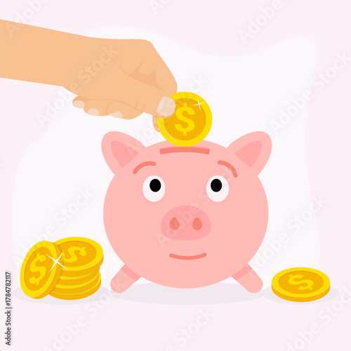 Cartoon piggy bank with coins vector illustration. Cute savings concept for finance and banking. Pink piggy bank receiving a gold coin, surrounded by stacks of shiny dollar coins