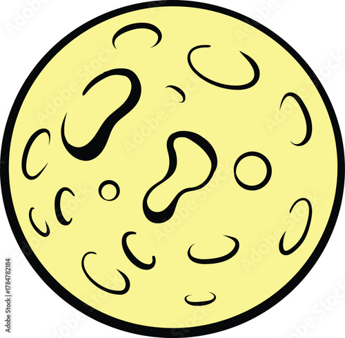 A cartoon illustration of a light yellow moon with black craters and markings, depicted in a simple, graphic style.