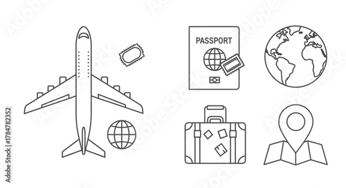Travel and tourism related icons set for global adventures.