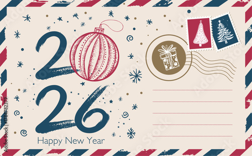 New Year 2026 card, postcard, hand drawn illustration.	
