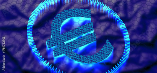 Vector 3D glowing wide abstract technological futuristic financial banner. Digital euro symbol. European Union. Electronic virtual banking money. State cryptocurrency
