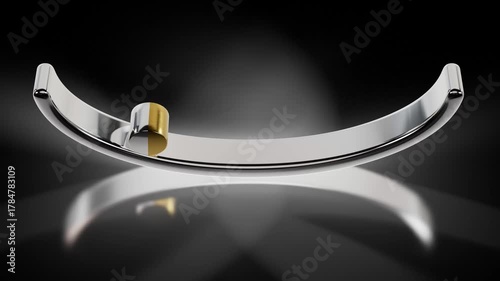 gold and silver cylinder oscillating back and forth on a silver crescent-shaped ramp 3D motion graphics loop animation