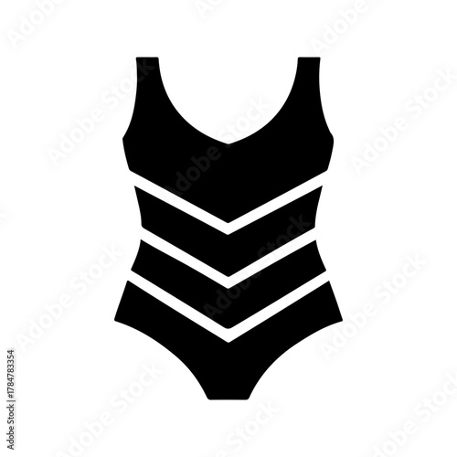 Simple black one piece swimsuit icon with white chevron stripes on a transparent background representing summer beach vacation and swimwear fashion design