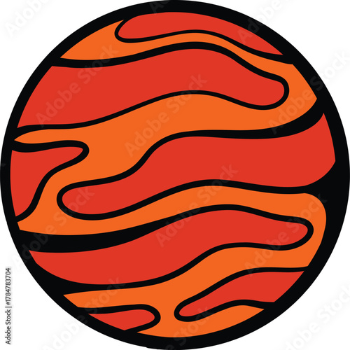 A stylized graphic illustration of a red and orange planet with wavy black lines, resembling a celestial body or abstract art.