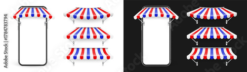 Shop sunshade. Realistic striped cafe awning. Outdoor market tent. Roof canopy in French flag colors. Summer street store. Vector illustration.
