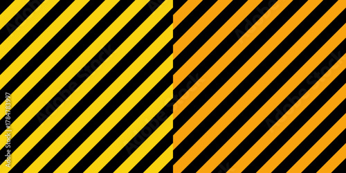 Warning sign with yellow and black diagonal lines. Attention, danger or caution symbol. Construction site signage, road safety notice, hazard banner, security alert shield. Vector illustration.