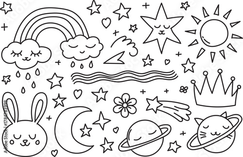 Hand Drawn Kawaii Space Doodle Set with Stars Planets Rainbow Moon and Cute Animal Faces