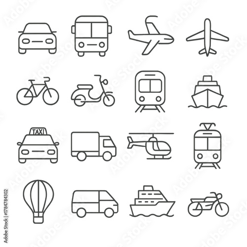 Transportation linear icon set. featuring car, bus, airplane, bike, scooter, train, ship, taxi, truck, helicopter