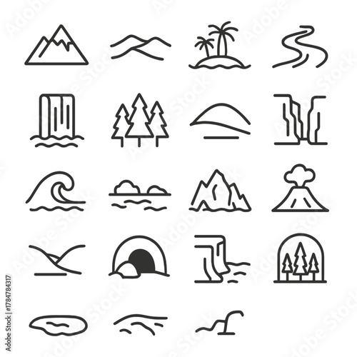 Nature elements linear icon set. featuring mountain, forest, river, wave, volcano, island, and cave symbols