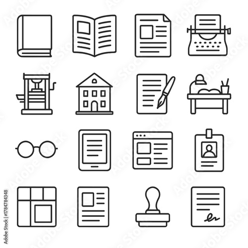 Writing and publishing linear icon set. featuring book, typewriter, quill, glasses, manuscript, and e-reader