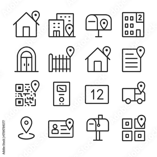 Navigation and address linear icon set. featuring home, building, map, delivery, and mailbox symbols