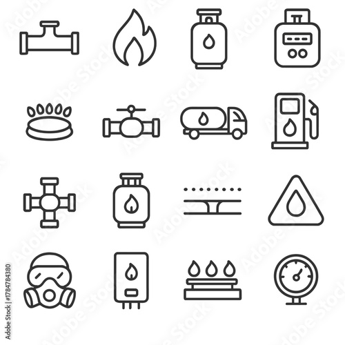Gas equipment linear icon set. featuring pipeline, flame, cylinder, burner, truck, gauge, mask symbols