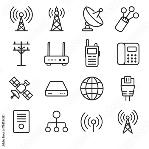 Communications linear icon set. featuring antenna, router, satellite, radio, and network symbols