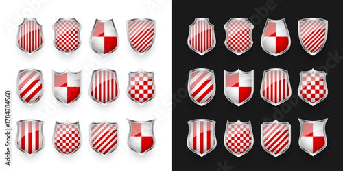 Glossy shields with red and black white. Security and protection concept. Cyber safety icons, internet privacy, web defense, digital data protection and   themes. Vector illustration.