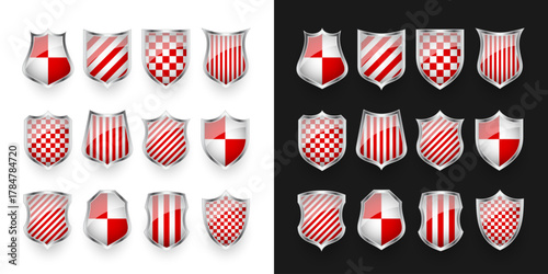Glossy shields with red and black white. Security and protection concept. Cyber safety icons, internet privacy, web defense, digital data protection and   themes. Vector illustration.