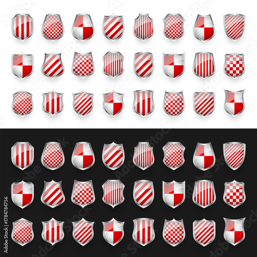 Glossy shields with red and black white. Security and protection concept. Cyber safety icons, internet privacy, web defense, digital data protection and   themes. Vector illustration.