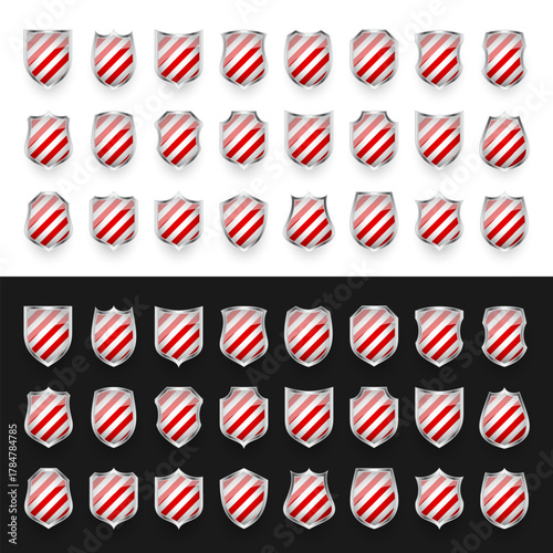 Glossy shields with red and black white. Security and protection concept. Cyber safety icons, internet privacy, web defense, digital data protection and   themes. Vector illustration.