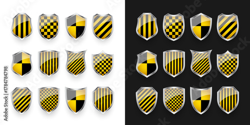 Glossy shields with yellow and black pattern. Security and protection concept. Cyber safety icons, internet privacy, web defense, digital data protection and antivirus themes. Vector illustration.