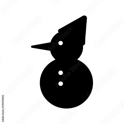 Simple black silhouette of a whimsical snowman wearing a pointed hat with two buttons on its round body and a carrot nose isolated on a transparent background