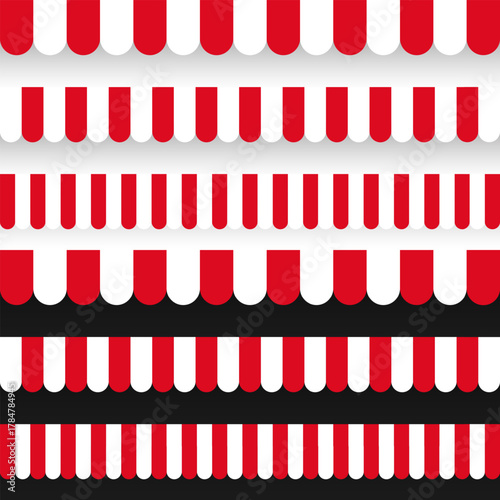 Shop sunshade. Realistic striped cafe awning. Outdoor market tent. Roof canopy. Summer street store. Vector illustration.