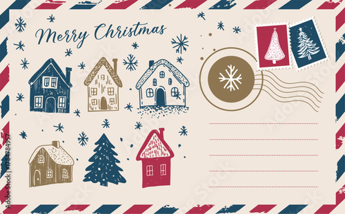 Christmas mail with houses and tree, postcard, hand drawn illustration.	
