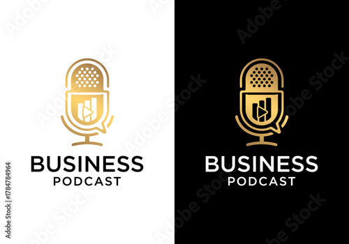 Vector microphone icon logo with bar chart and play symbol. Simple podcast logo.