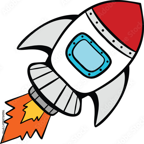 A cartoon illustration of a white and red rocket ship launching into space with orange and yellow flames from its engine.