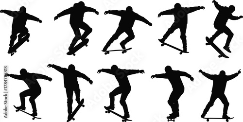 Skateboard trick silhouette sequence, black vector icons, extreme sport motion, skater jump poses, dynamic action clipart, cad drawing flat vector illustration