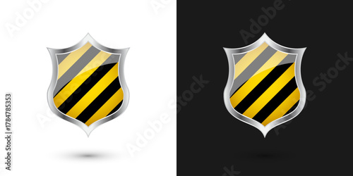Glossy shields with yellow and black pattern. Security and protection concept. Cyber safety icons, internet privacy, web defense, digital data protection and antivirus themes. Vector illustration.