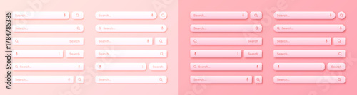 Colorful 3d search bar templates. Internet browser engine with search box, address bar and text field. UI design, website interface element with web icons and push button. Vector illustration.